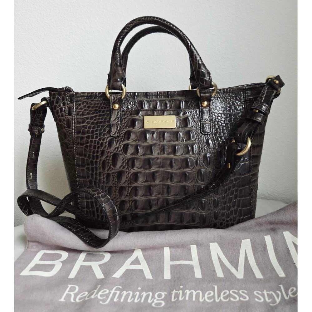Brahmin Dark Brown Croc Embossed Leather Satchel Crossbody Bag Mini Arno